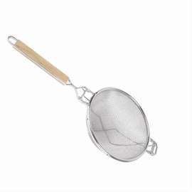 Thunder Group SLSTN3308R Strainer, 9-1/2" Dia., Reinforced, Double fine mesh, pan Hooks, Flat Wooden Handle, Nickel Plated Frame