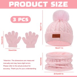CavspkArt 3Pcs Hat Scarf and Gloves Set for Baby Girls Winter Warm Knit Pom Pom Bobble Hat Pink Winter Thermal Knitted Beanie Hat Scarf Gloves Warm Accessories Sets for Toddler Kids 1-5 Years