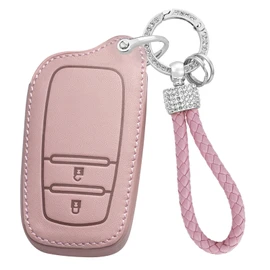 ontto Leather Car Key fob Cover fit for Toyota RAV4 Corolla Cross Yaris GR Cross Hybrid CHR Prius Hilux Key case Holder Shell Key Chain Keyring Protector Accessories car Styling 2 Buttons Pink A