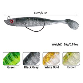 Dr.Fish 3pcs Soft Fishing Lures Jig Head with Paddle Tail Soft Plastic Lures 13CM 26g Accessories for Bass Pike Trout Perch,Color: Black