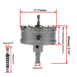 Rannb Metal Steel Hole Saw Drill Bit 3"/76mm Cutting Dia Carbide Tipped Hole Saw Cutter