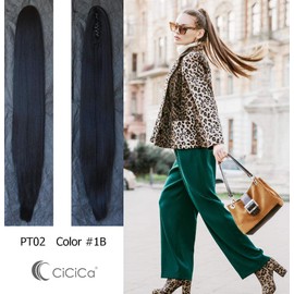 CiCiCa –“PT02”, Synthetic Ponytail Hair Extensions, Jaw/Claw Clip Ponytails, Drawstring Ponytails, 30" Long Ponytails, Straight Ponytails, Color 1B, Off Black Ponytails, Heat-Resistant Hair Pony for Women. (Off black 1B is darker than natural black #2)