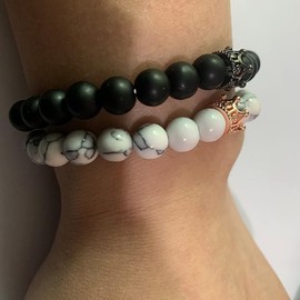 Matching Couple Bracelets Crown Distance Couple Bracelets Agate 8mm Beads Bracelet Soulmate for Him and Her (B, One Size)