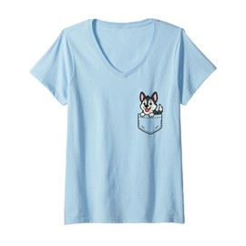 Womens Cute Husky Puppy Pocket Pal Funny Husky Dog Lover Art V-Neck T-Shirt
