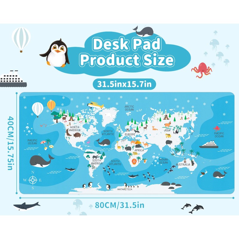 Carethos Kids World Map Desk Mat, Educational PU Leather Table