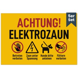 Caution Electric Fence Sign (20 x 13 cm - Set of 5 - Pre-Drilled) - Achtung Strom und Füttern verboten für jeden Weidezaun - kein Betreten für Stromzaun - Warnzeichen VDE 0667, VDE 0131, DIN EN 60335
