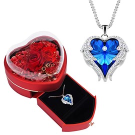 JLQPTX Preserved Rose with Angel Wings Necklace Gift Set for Women.Eternal Rose Gifts for Mom Grandma on Mother's day. Heart Shaped Preserved Rose Box Gift for Her on Valentine's day Anniversary.