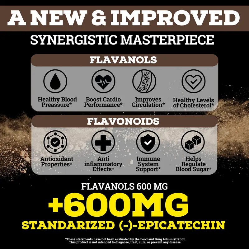 Cocoa Flavanols Powder 1200mg with Epicatechin, Dark Chocolate Drink Mix,