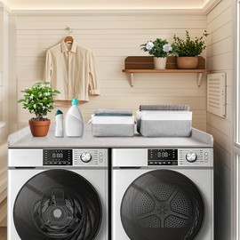 GLDZI Washer Dryer Countertop with 2 Pack Storage Baskets, Wood Washer and Dryer Countertop with Non-Slip Pads/Edge Rails for Laundry Room Storage and Organization, 27.5" W x 54" L(Light Grey Marble)