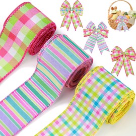 Xunyee Pastel Easter Plaid Fabric Ribbon Spring Gingham Wired Ribbon Ideal for DIY Crafts, Wreaths, Gift Wrapping & More(2,Cute Colors)