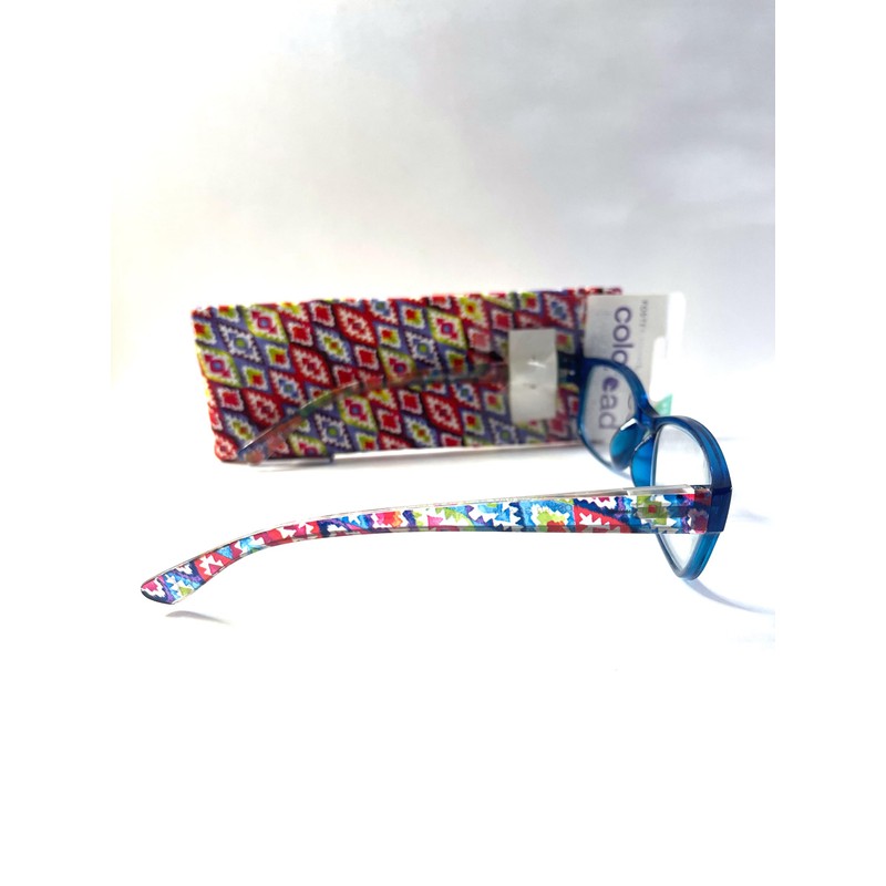 Foster Grant colored reading glasses, Makayla blue printed temples +1.25