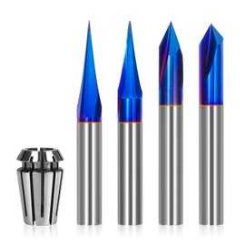 CNC Wood Carving Router Bits Set 1/4 Shank 15° Detail Carving Liner+ 20° Profile Bit+ 60° & 90° V Groove Router Bits 1/4 Shank with Nano Blue Coated, for CNC Engraving and Chamfering