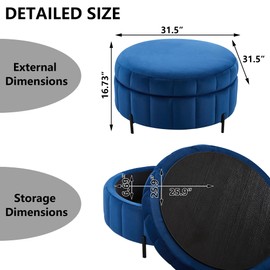 mikibama 31.5" W Round Storage Ottoman for Living Room,Modern Velvet Upholstered Coffee Table with Storage, Channel Tufted Ottomans Foot Rest with Metal Legs (Navy Blue, 31.5")