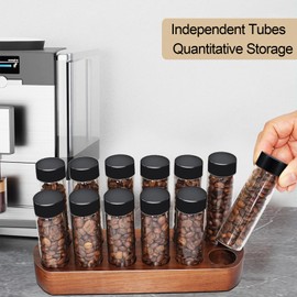 Single Dose Coffee Bean Storage Tubes - 12pcs Coffee Beans Container,Coffee Vials dosing container,glass espresso container with Wood Display Stand and Funnel (Type 1)