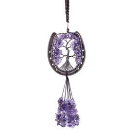 mookaitedecor Horseshoe Tree of Life Hanging Ornament for Car Rear View Mirror, Crystal Wall Hanger for Window Home Decoration, Amethyst
