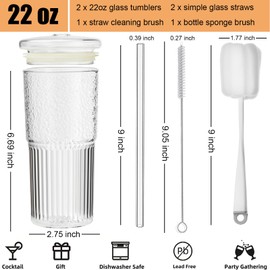 ALINK ALINK Glass Cups with Lids and Straws, 22 oz High Borosilicate Clear Iced Coffee Glass Tumblers, Drinking Glass Smoothie Tea Water Cups, Pack of 2 with Cleaning Brush
