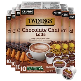 NEW Twinings Chocolate Chai Latte Tea 60 K-Cup Pods for Keurig, 10 Count (Pack of 6), Velvety Smooth Cocoa with Real Spiced Tea, Caffeinated, Enjoy Hot or Iced
