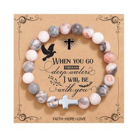 QWNHONEY Christian Jewelry for Women Cross Beads Bracelet Pink Nature Stone Catholic Religious Jewelry Gifts When You Go Though Deep Waters I Will Be with You