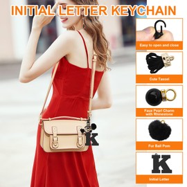 Initial Letter Keyring for Purse Backpacks Handbags Wallet Letter A-Z Keychain Initial Keychain Gifts for Girlfriend Daughter Graduation Birthday Gift Alphabet Initials Keyring with Pom Pom (Letter K)