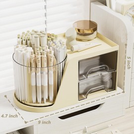 WITERY Desktop Organiser with 360 Rotating Pen Holder and 2 Drawers Stationery Cosmetic Brushes Storage for Home Office and School (White)
