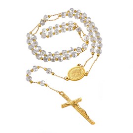 Rosary Bead Cross Y Necklace Chain for Women Gold Plated Virgin Mary Medal & Cross Crucifix Communion Gifts for Men Women