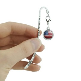 Rustic American Flag Wood Grain Design Metal Bookmark Page Marker with Charm