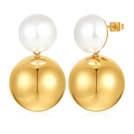 DoreenBox Gold Simulated Shell Pearl Earrings for Women, 18K Gold Plated Pearl Drop Earrings Gold Pearl Hoop Earrings Trendy Lightweight Hypoallergenic Earrings Jewelry