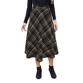 Alaster Queen Womens Long Plaid Skirt Ladies Midi High Elastic Waist Winter Pockets Skirts Dark Brown
