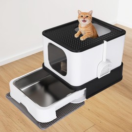 RIZZARI Stainless Steel Cat Box: Black Covered Litter Pan with High Walls - Large Capacity & Anti-Leak Tray - Non-Stick Teflon Coating Drawer for Quick Cleaning - for Living Room Garage