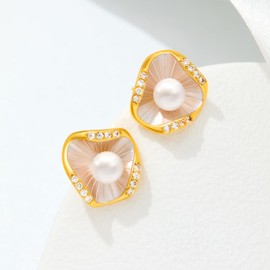 Cicy Bell 18k Gold Plated Earrings for Women Cubic Zirconia Shell Pearl Elegant Irregular Stud Earrings for Gifts