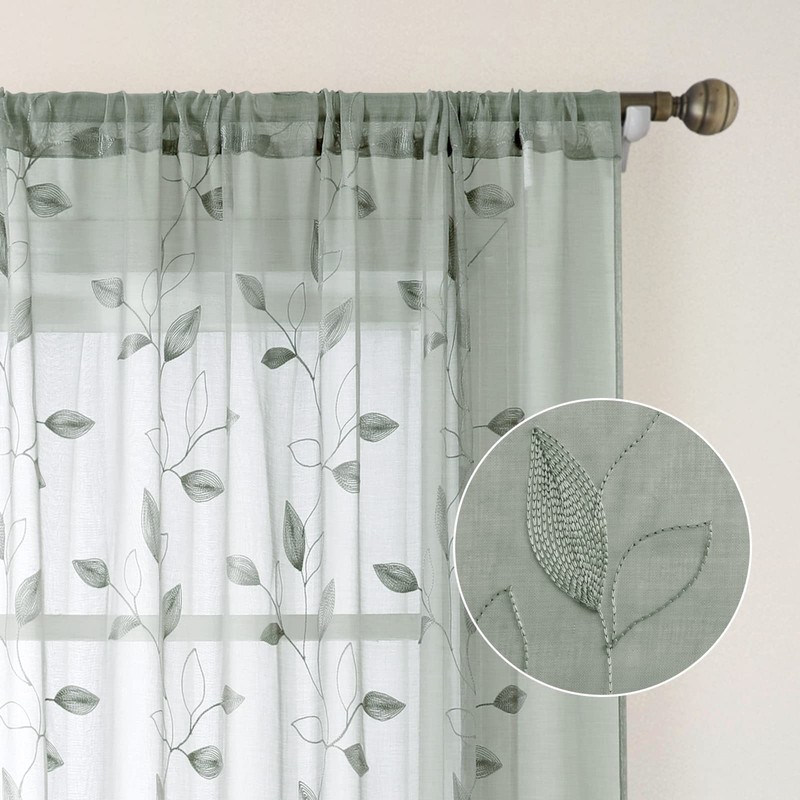 HOMEIDEAS Sage Green Sheer Curtains 52 x 54 Inch Length