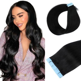 TOZOIE Tape in Hair Extensions Human Hair, 18 Inch Jet Black 20pcs Hair Extensions Real Human Hair Tape in Extensions Invisible Tape in Hair Extensions for Women (1, 18 Inch)