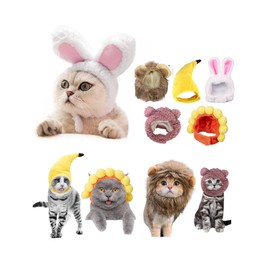 5-Piece Adjustable Cat Hat Set – Cute Lion Mane & Bunny Ears Costume Headwear for Cats,Kitten Dress-Up Party Accessories (Lion, Bunny, Banana,Sunflower,Purple Bear)
