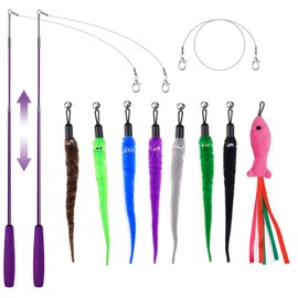 ZeyZoo 11 Pack Interactive Cat Toys Set, 2 Retractable Cat Toy Wand, 7 Cat Worm Toy and 1 Catnip Fish Refills with Bell, 1 Replacement Line, Cat Feather Wand Toy Kitten Toys for Indoor Cats Kitten