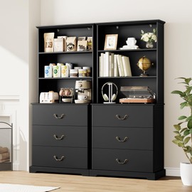 HIFIT 71" Tall Storage Cabinet, Tall Bookshelves and Bookcases with 3 Large Drawers & 3 Deep Shelves, Kitchen Pantry Cabinet with Hutch, Modern Storage Cabinet for Home Office, Living Room, Black