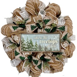 Winter or Holiday Wreath Where Tree Tops Glisten Winter Wreath with Iced Greenery Handmade Deco Mesh. Available in 24 inch or 28 inch diameters