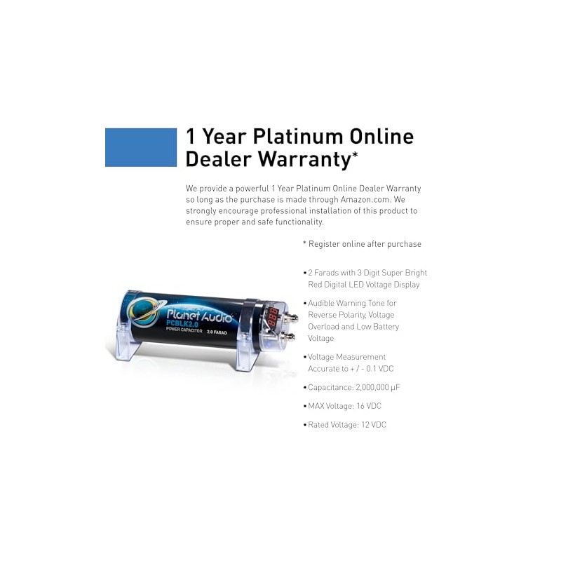 Planet Audio PCBLK20 2.0 Farad Capacitor Digital Volt Meter Black