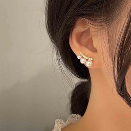 Jugielu Vintage Crystal Pearl Ear Climber Earrings Gold CZ Pearl Earrings Rhinestones Pearl Climber Crawler Earrings Pearl Bridal Wedding Earrings Jewelry for Women