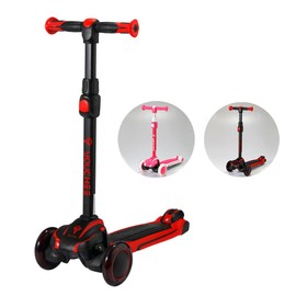 Youchee 3 Wheels Kick Scooter for Kids Ages 5-12, with Built-in LED Light-Up Wheels, Adjustable Handlebar, Lean-to-Steer Self Balancing, Non-Slip Deck and Reliable Brake. (Red)