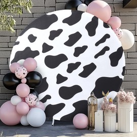 7.2FT(86.4inch) Cow Round Backdrop for Photography Circle Backdrop Cover for Wedding Birthday Bridal Shower Elastic Photo Studio Proposal Party Decor Banner Props