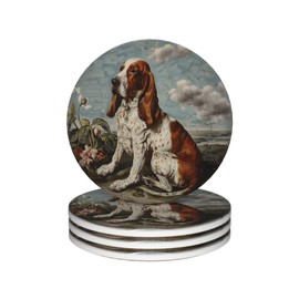 Basset Hound Absorbing Beverage Coasters Set of 4, Luxury Drink Thirsty Stoneware Unique Coasters for Art Decorative Pretty Round Coasters Kit for Men Women Teachers Dog Mom Dog Lovers