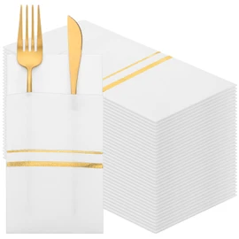 100 Servilletas de Cena Desechables con Tacto de Lino con Bolsillo para Cubiertos Incorporado Servilletas Predobladas Forradas con Ribete Dorado Servilletas de Tela como Papel (Blanco, Oro, 100)