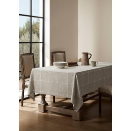 ZeeMart Grid Embroidered Hemmed Tablecloths, Raw Linen 60x120 Inch, Farmhouse Style Heavy Weight Cotton Linen Beige Tablecloths, Boho Plaid Water Resistant Rectangle Table Cloth