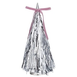 Suncalla 4 Pcs Table Sliver Tinsel Christmas Tree with Pink Bow Metallic Mini Artificial Christmas Tree Tabletop Small Xmas Ornaments Desk Decorations for Office Home Xmas Party Supplies