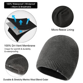Men's Women's Grey Winter Merino Wool Blend Beanie Waterproof Fleece Lined Knit Cap Durable Hat All-Weather Warm Rain Small Medium