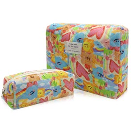 2PC Makeup Bag Set, Cute Cosmetic Bag for Women Girls, Floral Coquette Aesthetic Toiletry Bag, Travel Make Up Organizer Bag (Graffiti-Colored)