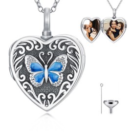 PELOVNY Butterfly Urn Locket Necklace That Holds Ashes and Pictures 925 Sterling Silver Vintage Heart Photo Locket for Ashes Cremation Memorial Keepsake Jewelry Gifts for Women