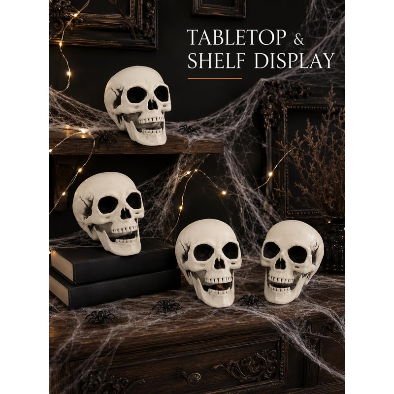 4 Pcs 5in Plastic Skulls Halloween Skeleton Cobweb 20 Spiders