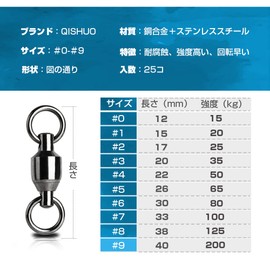 QISHUO High Strength Bearing Swivel Stainless Steel Fishing Welding Ring Snap Swivels Fishing Swivel Black 25 pieces 44.1 lbs (20 kg)