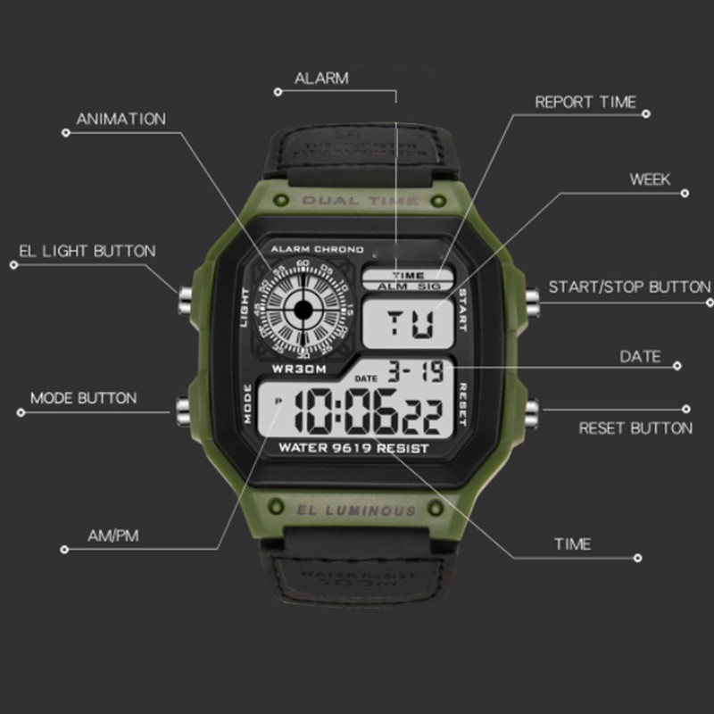 Digital Sport Watch Canvas Strap Luminous Waterproof Retro Sport Watch